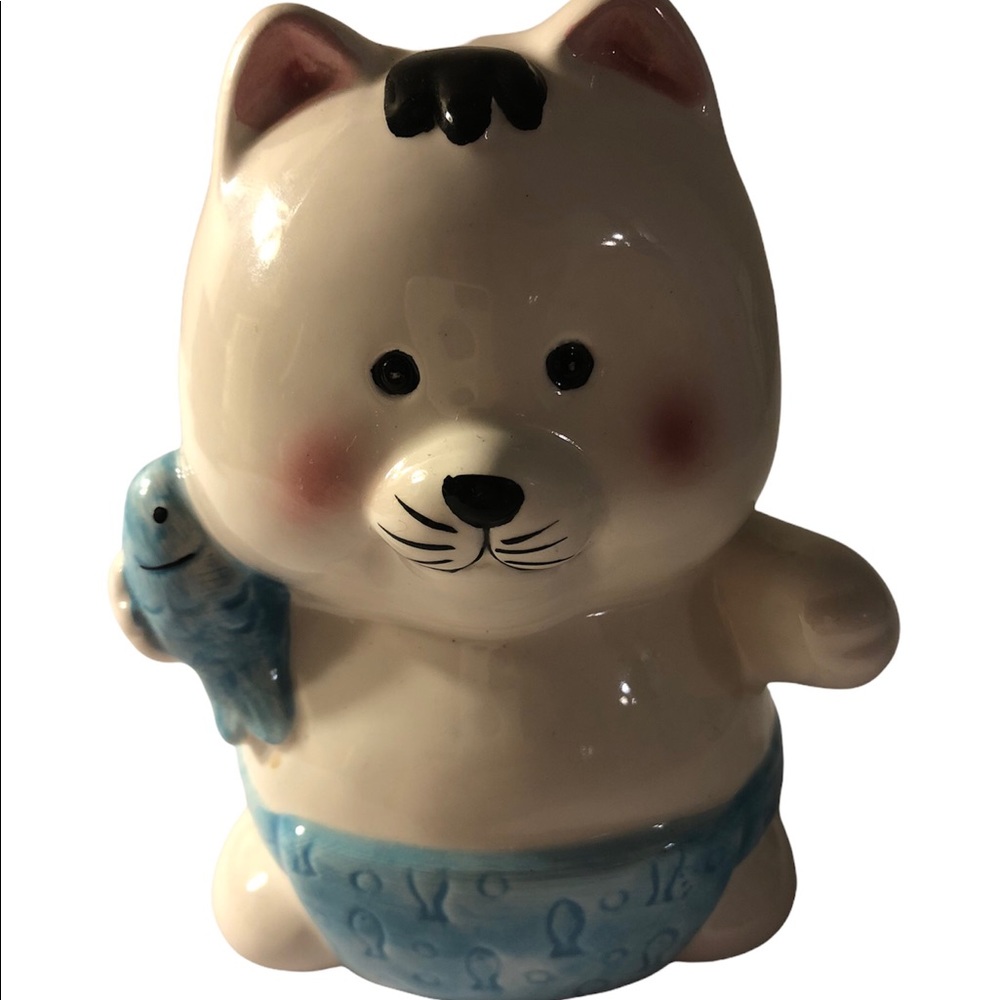 Rare Coin Bank Vintage Cat With Holding Fish, 5 Inches